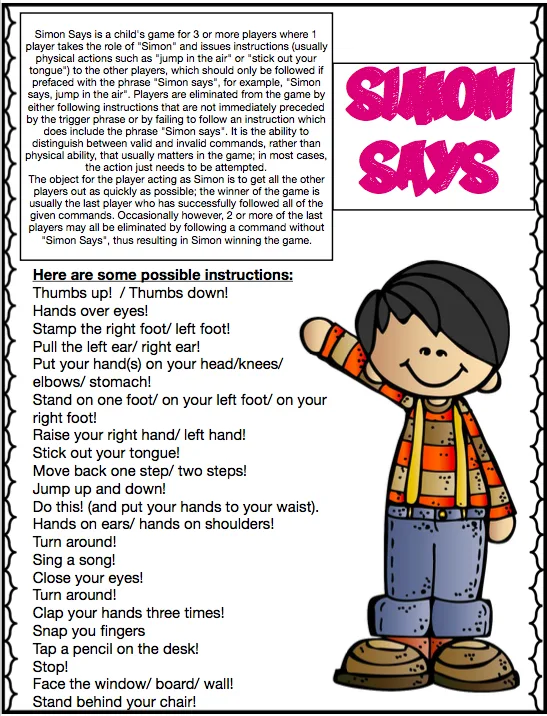 Printable Simon Says classroom freebie poster with ESL vocabulary commands
