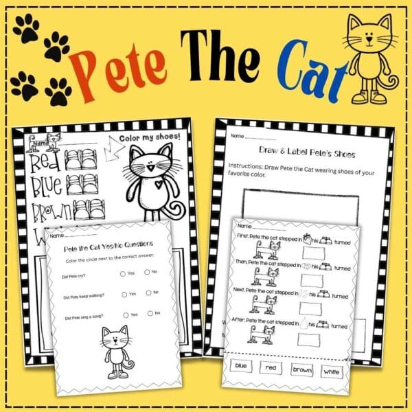 Pete the Cat worksheets for PreK–1 with sequencing, coloring, and comprehension activities