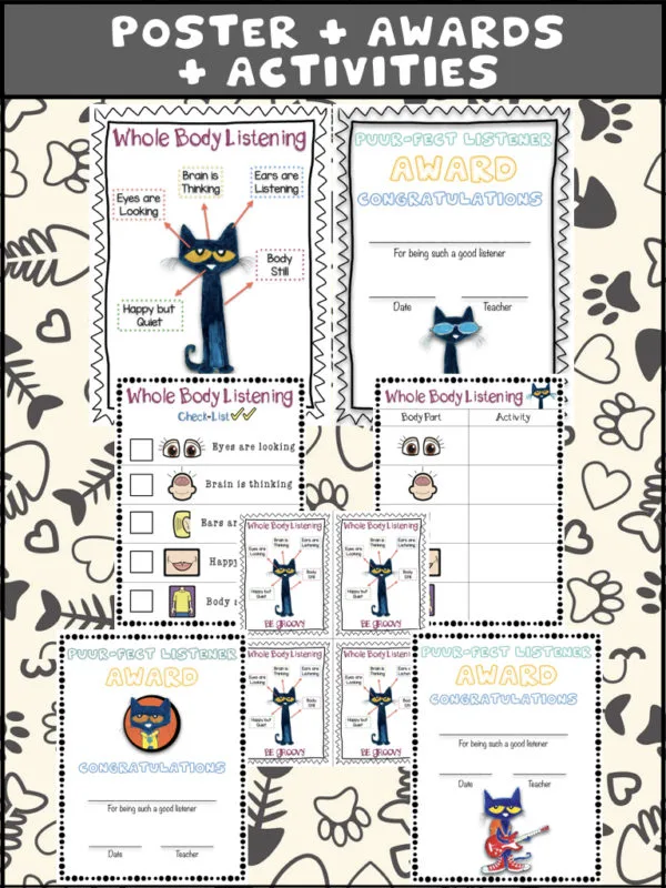 Pete the Cat Whole Listening Poster with Editable Awards and Activities