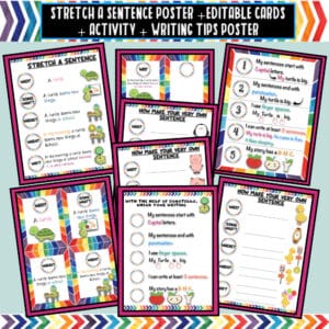 Stretch a Sentence Printable Activity Pack with poster, editable cards, templates, and writing activities