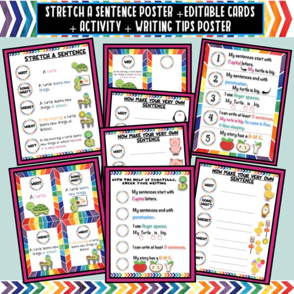Stretch a Sentence Printable Activity Pack with poster, editable cards, templates, and writing activities