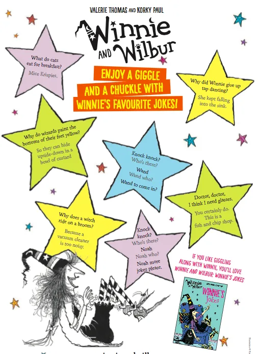 Cover of Winnie and Wilbur Jokes PDF – FREE Funny Printable for Kids with witch and cat illustrations