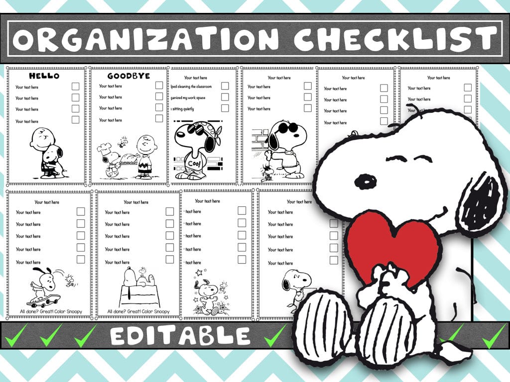 Snoopy Editable Organization Checklist with Peanuts-themed task trackers in PowerPoint format.