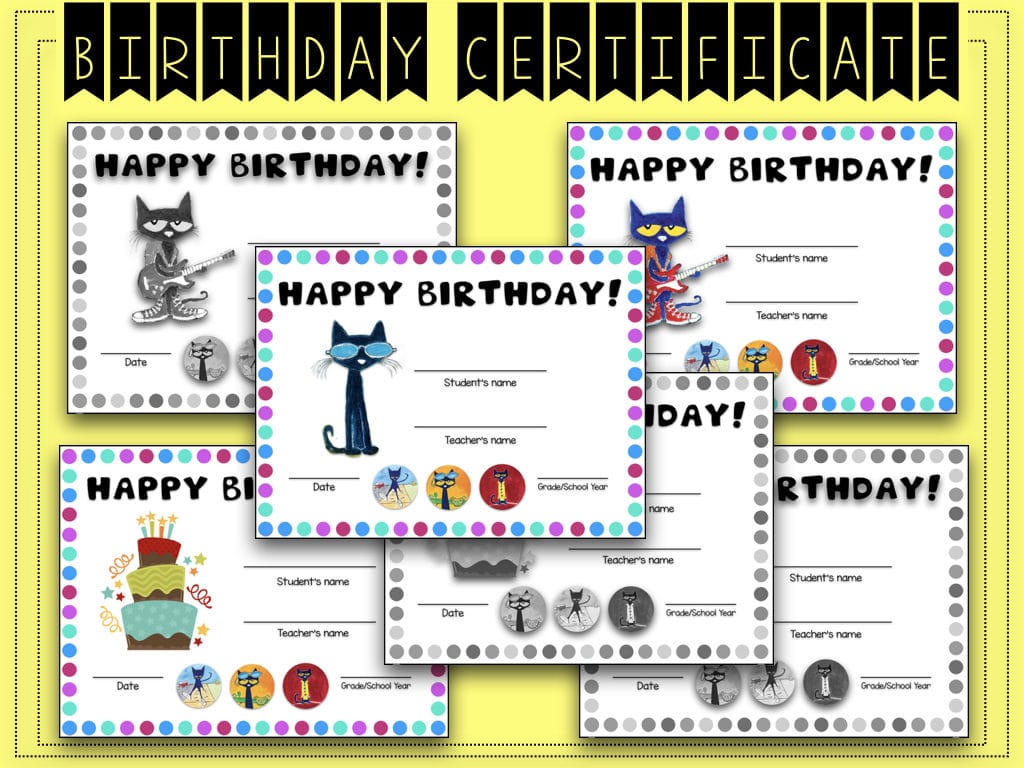 Pete the Cat Birthday Certificates pack with 6 designs in color and black-and-white