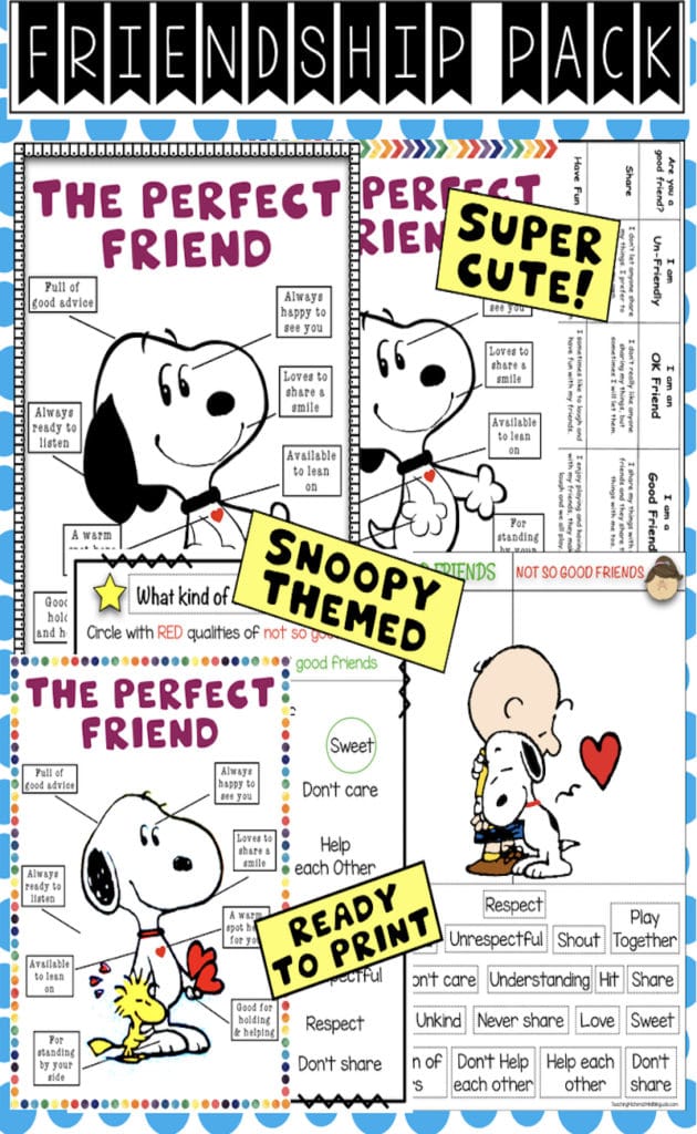 Snoopy-themed friendship activity pack with printable posters, worksheets, and a student rubric – perfect for SEL lessons.
