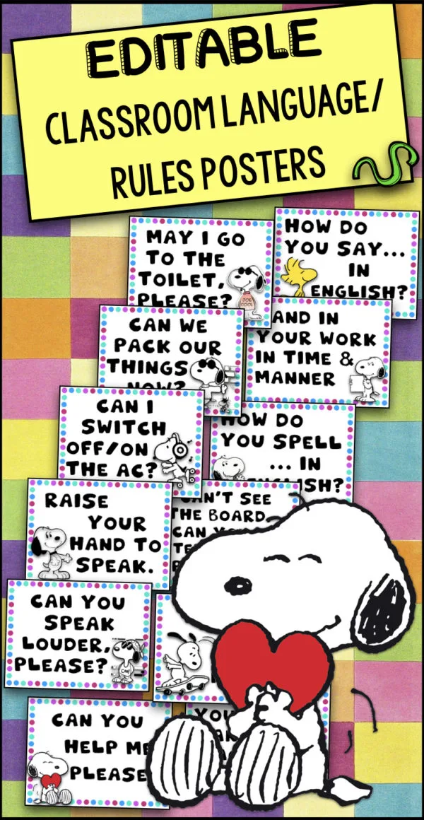 Preview of editable Snoopy-themed classroom rules and ESL posters for young learners.