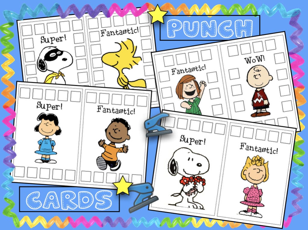 Snoopy-themed classroom behavior punch cards set featuring Peanuts characters in 4 formats.