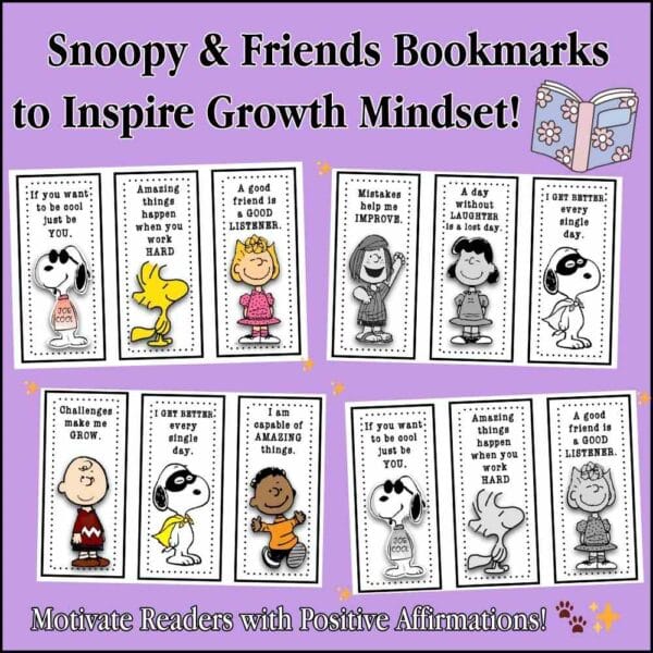 8 Snoopy & Friends Bookmarks with Growth Mindset phrases