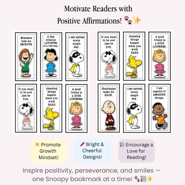 8 Snoopy & Friends Bookmarks with Growth Mindset phrases