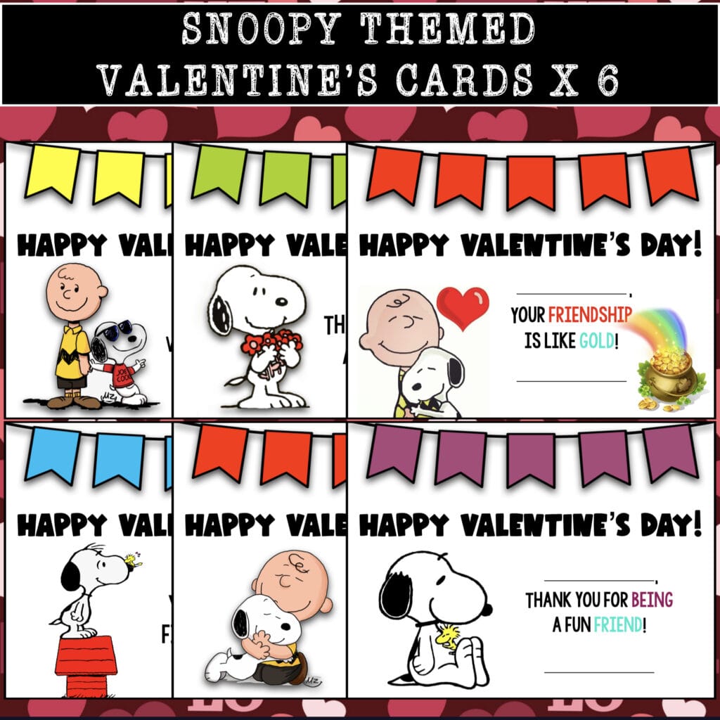 Snoopy Valentine Cards featuring 6 Peanuts designs for students to share on Valentine's Day.