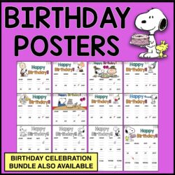 Snoopy birthday posters for classroom wall – 12 printable designs, color and black & white