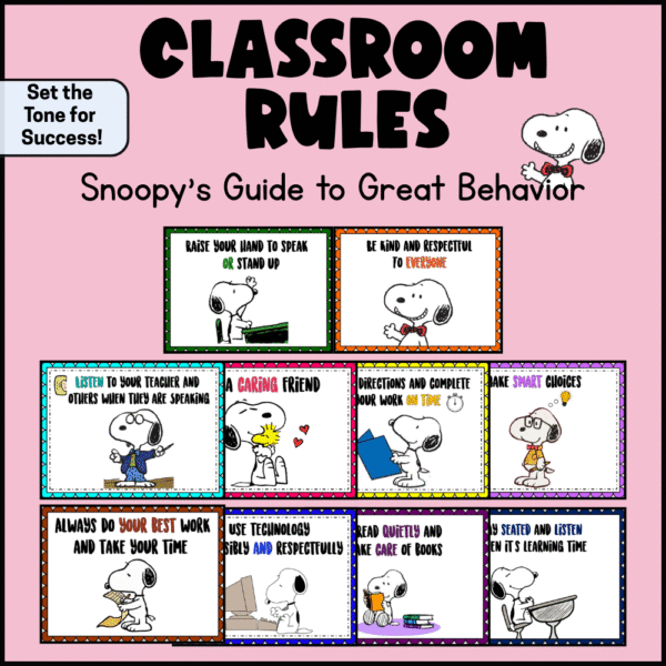 Snoopy-themed classroom rules poster set for K–2 with positive behavior messages and Peanuts characters.