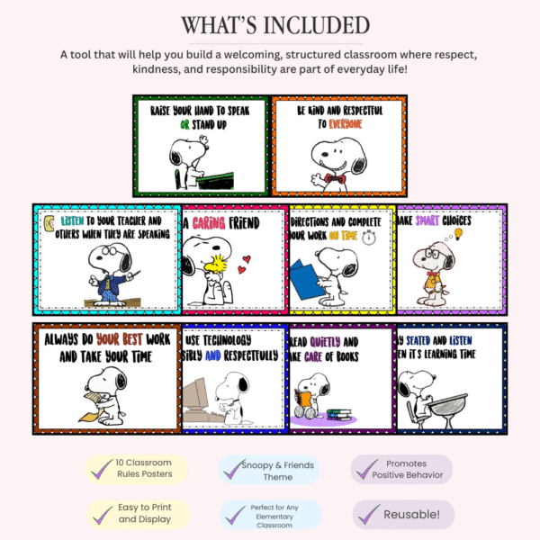 Snoopy Classroom Rules Posters | 10 Cute Printable Signs for Classroom Manage - Image 2