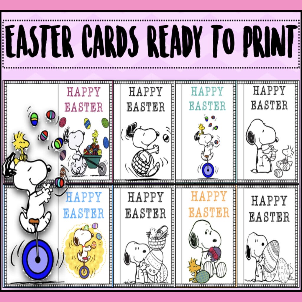 Snoopy Easter cards set featuring 4 color and 4 black-and-white designs to print and share.