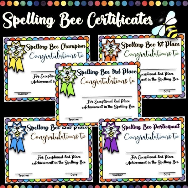 5 Spelling Bee Certificates Pack - For ALL participants- Fillable