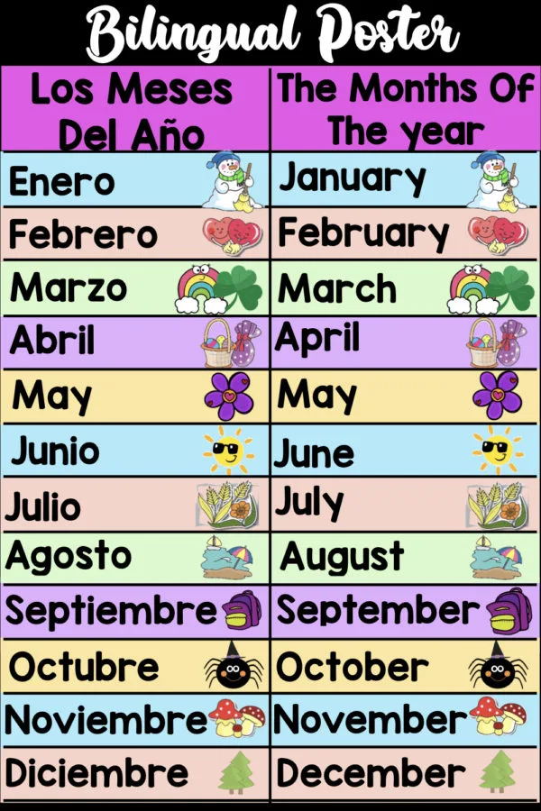 Spanish & English- Bilingual Months of the Year Poster + Activity