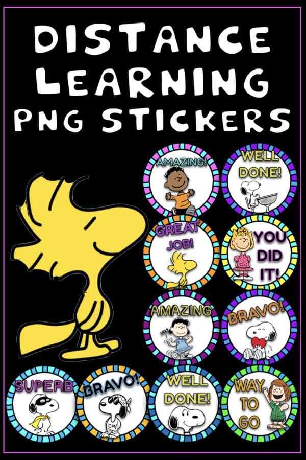 Snoopy distance learning reward stickers – 10 circular PNG badges for students with positive messages and Peanuts characters