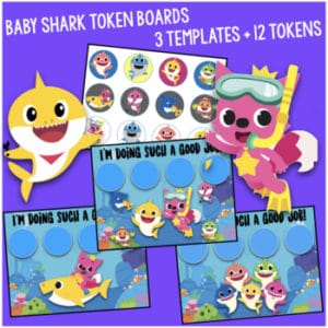 Baby Shark token boards with 3 templates and 12 tokens for kids