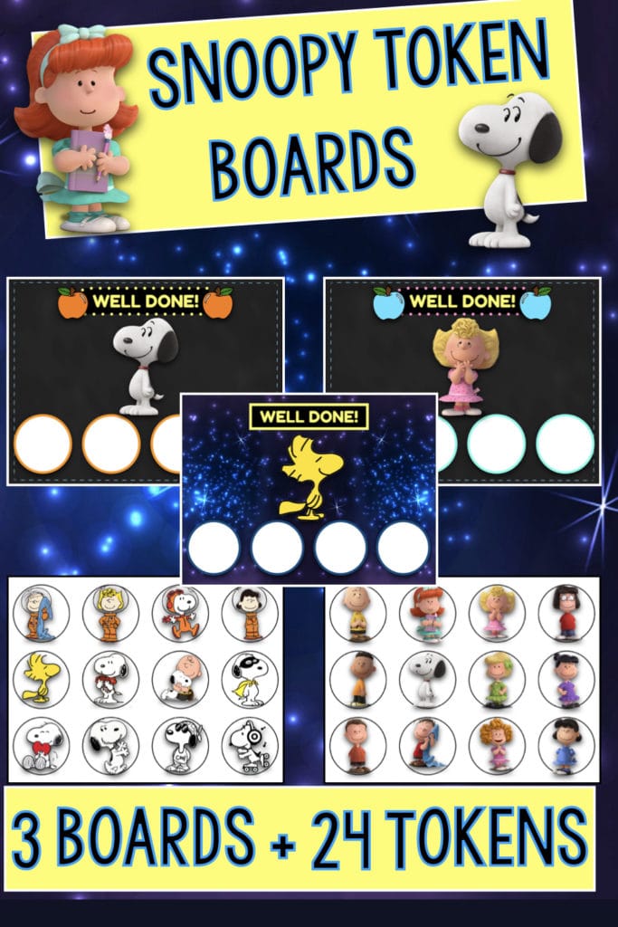 Snoopy & Friends printable token boards with colorful Peanuts designs, ideal for classroom or ESL reward systems.