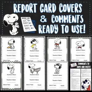 Snoopy-themed printable report card envelope covers and teacher comments PDF for classroom use.