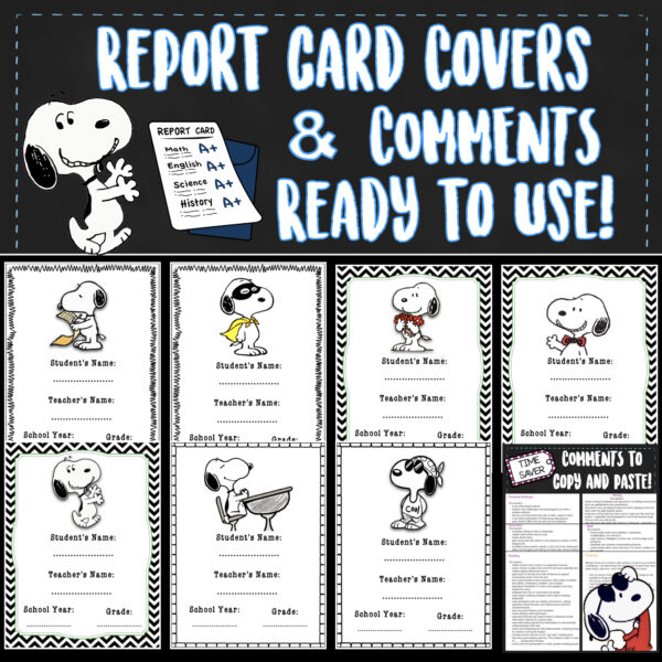 Snoopy-themed printable report card envelope covers and teacher comments PDF for classroom use.