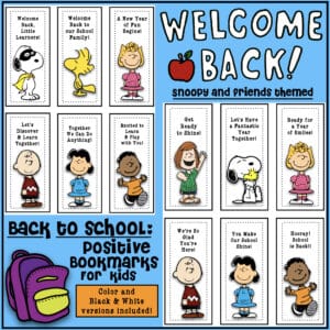 Snoopy Back to School Bookmarks – colorful printable bookmarks featuring Peanuts characters for students in color and black & white.
