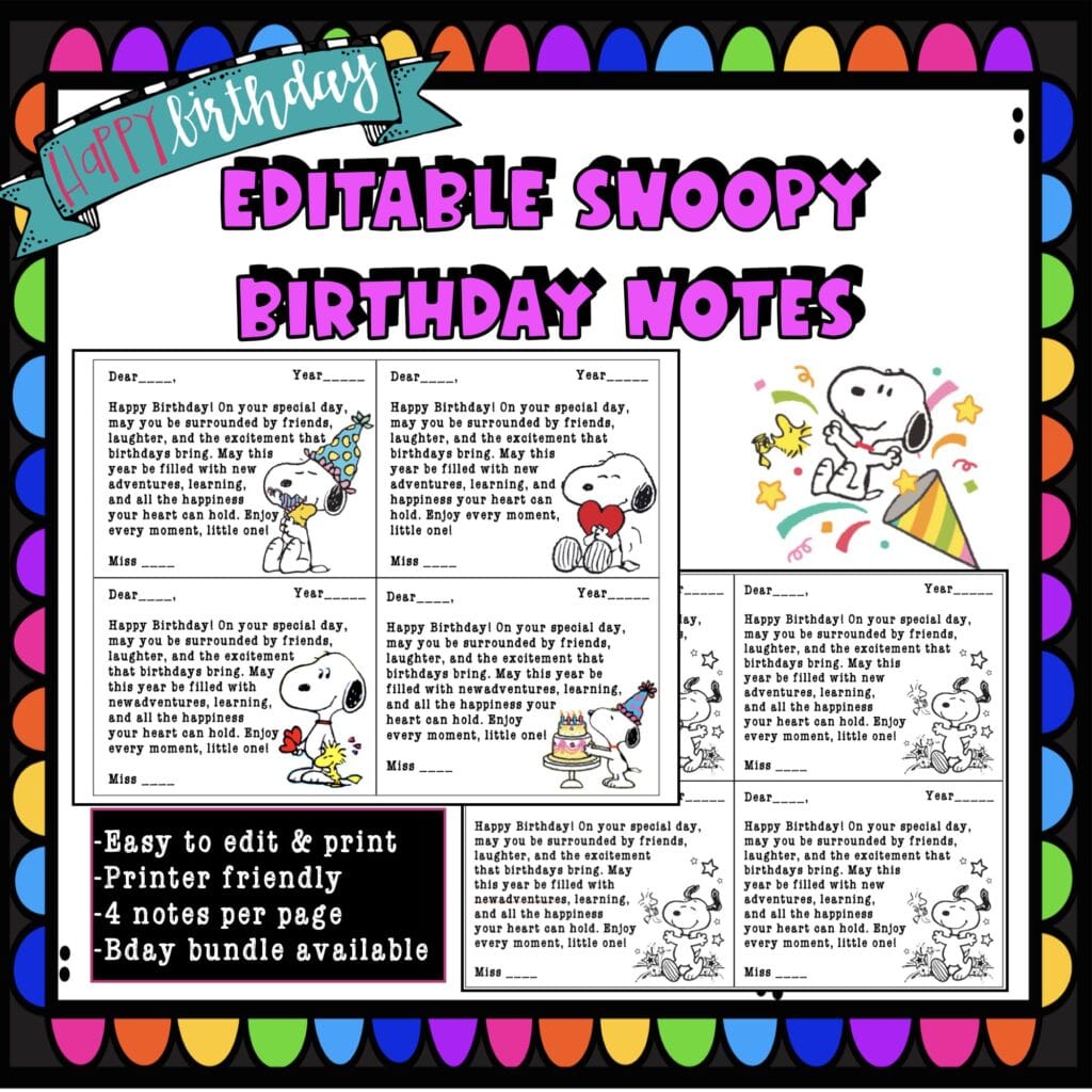 Snoopy Editable Birthday Letters – Fun Classroom Cards to Celebrate Student Birthdays