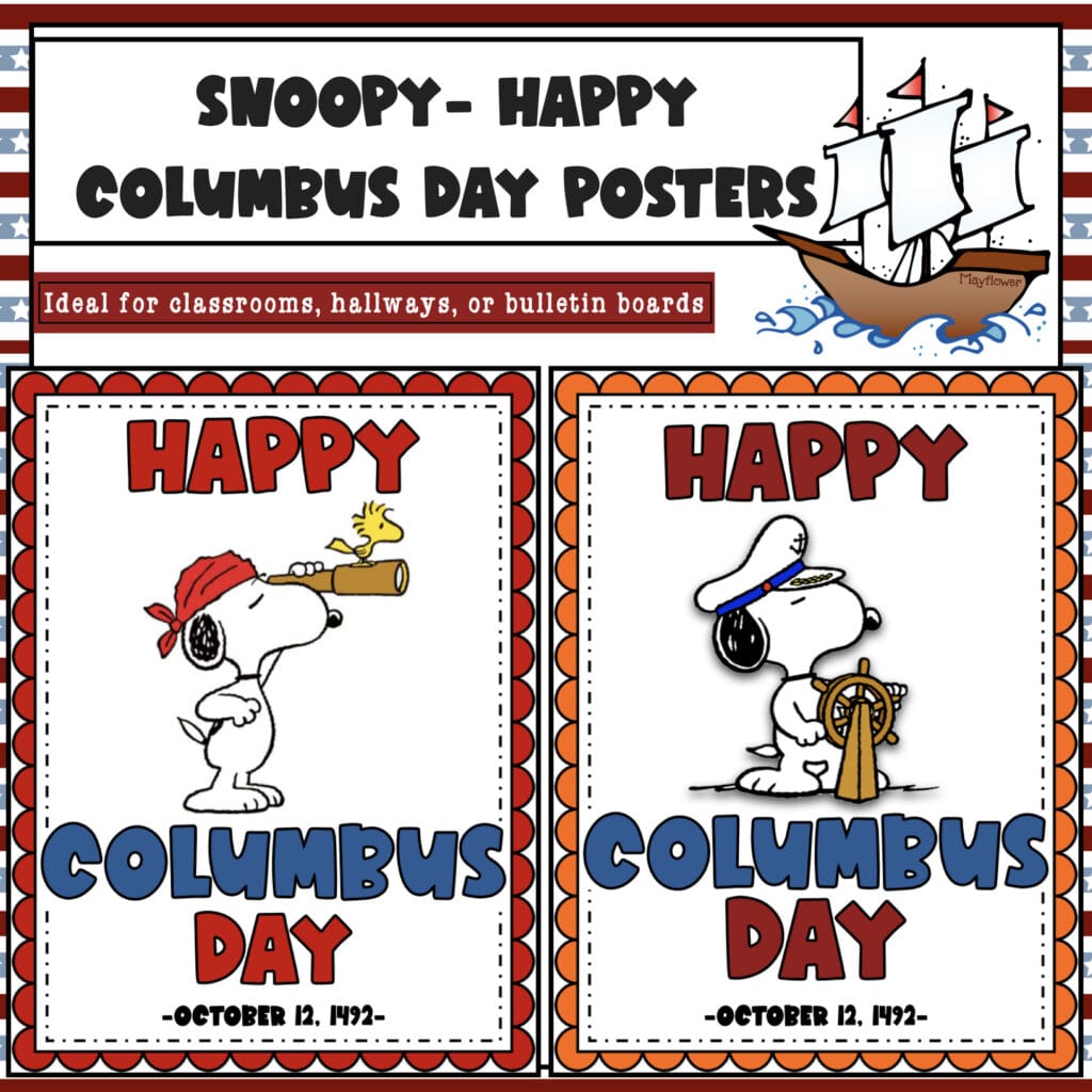 Printable Snoopy Columbus Day posters for classroom use – Peanuts-themed PDF file