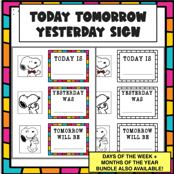 Preview of Today Tomorrow Yesterday Sign – colorful printable for calendar routines with Snoopy-inspired illustrations