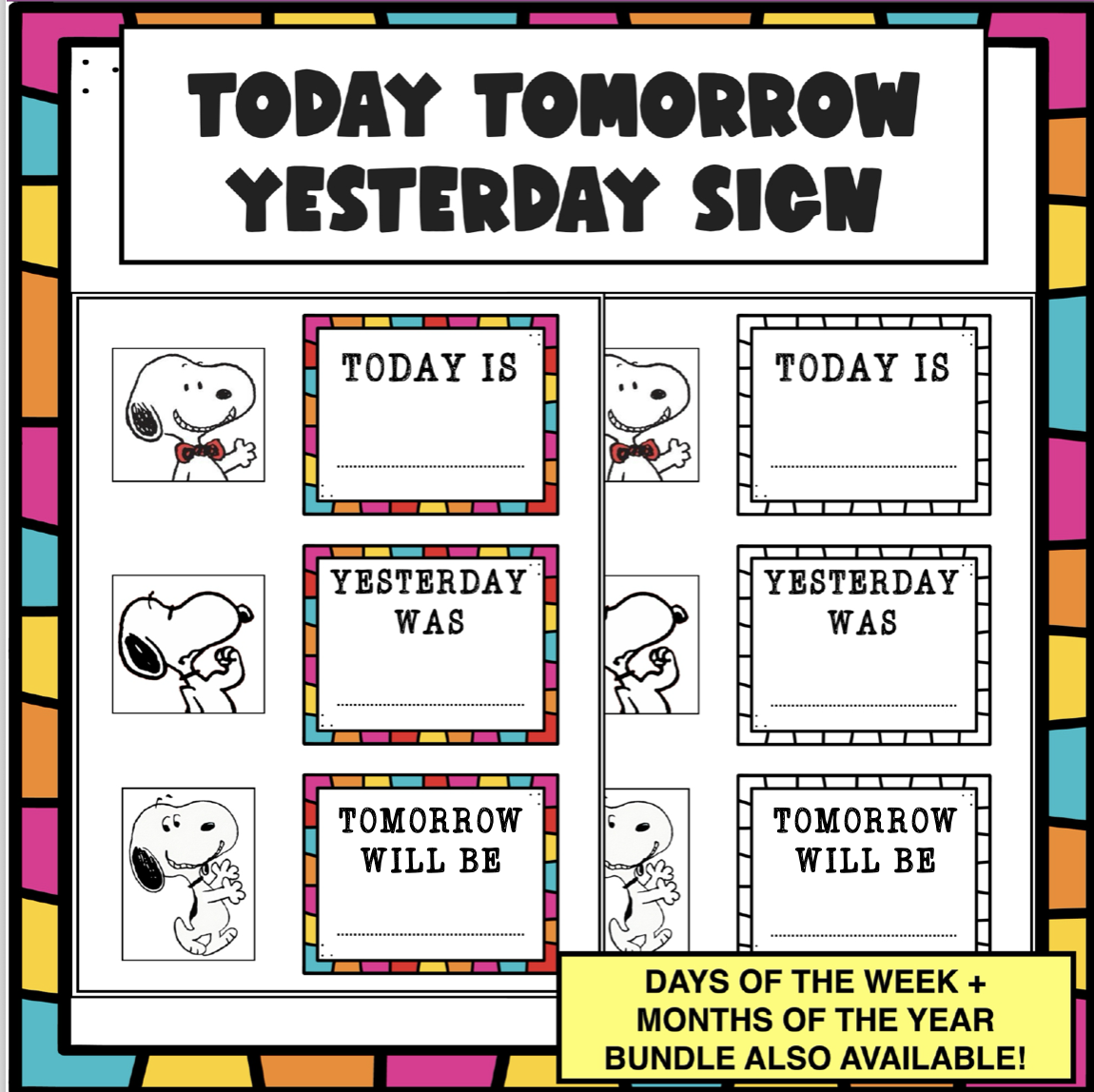 Preview of Today Tomorrow Yesterday Sign – colorful printable for calendar routines with Snoopy-inspired illustrations