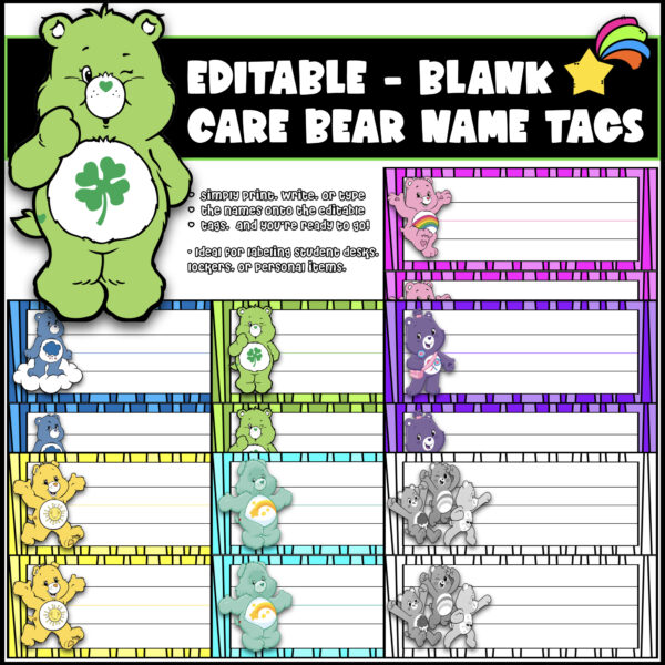Editable- The Care Bears Blank Name Tags