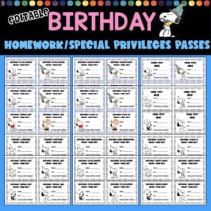 Snoopy Birthday Passes – Editable Homework and Privilege Cards for Students