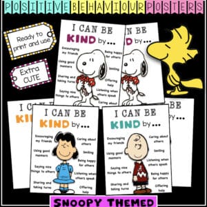 Snoopy-themed Positive Behaviour Posters with Peanuts characters promoting kindness in the classroom.