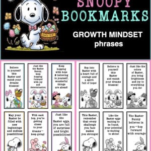 Snoopy-themed printable growth mindset bookmarks set with colorful and black-and-white versions, perfect for primary classroom rewards and motivation.
