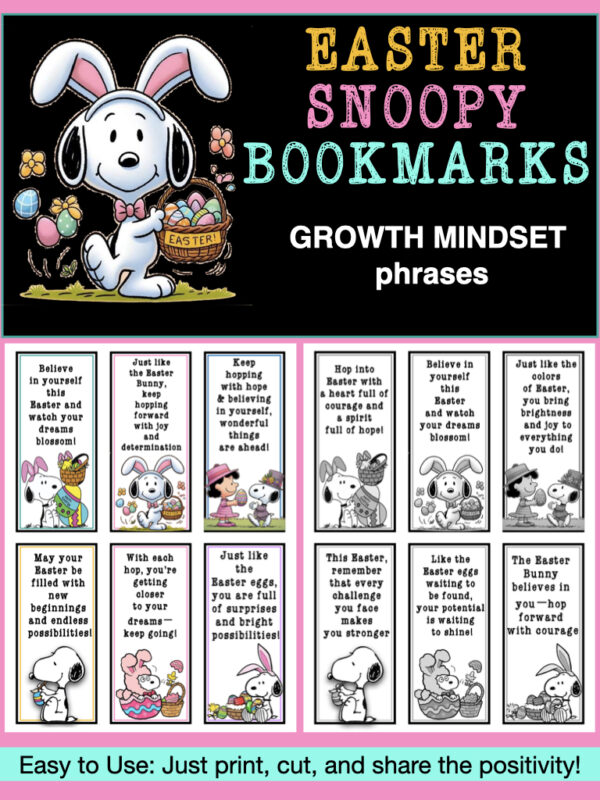 Snoopy-themed printable growth mindset bookmarks set with colorful and black-and-white versions, perfect for primary classroom rewards and motivation.