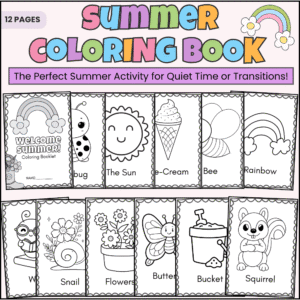 Summer Coloring Book for Pre-K to 2nd Grade with 12 fun PDF pages and editable cover