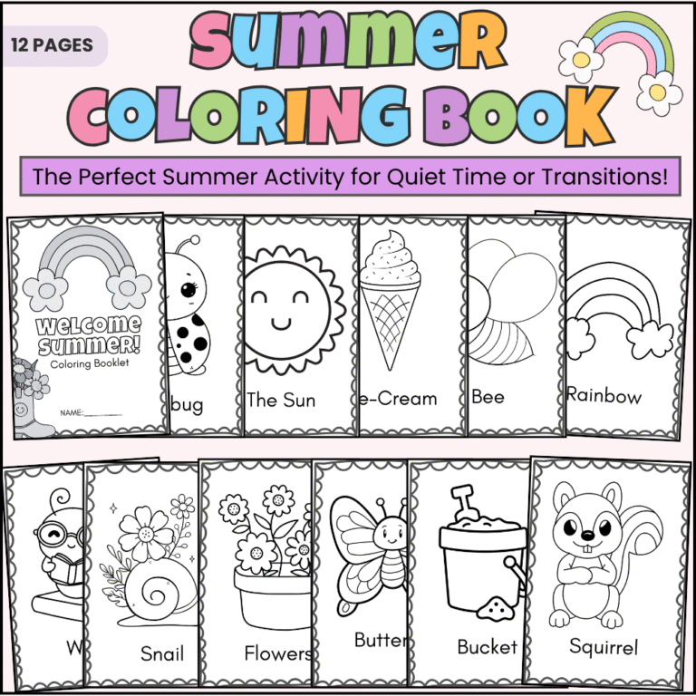 Summer Coloring Book for Pre-K to 2nd Grade with 12 fun PDF pages and editable cover
