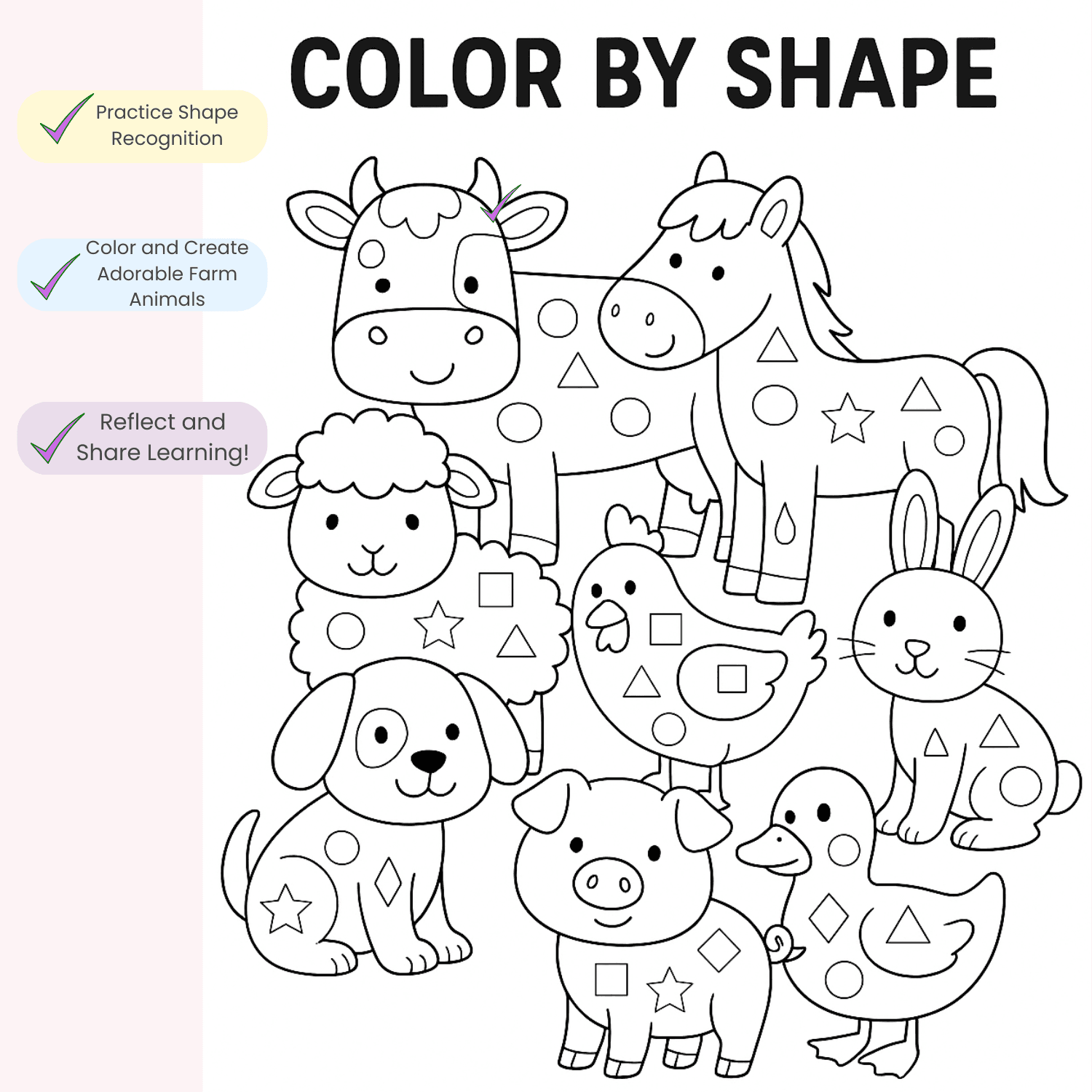 Color by Shape Farm Animals worksheet for preschool and kindergarten shape and color recognition practice