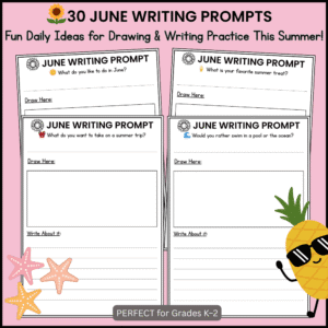 Cover of June Writing Prompts PDF – 30 Creative Daily Activities for Grades K–2