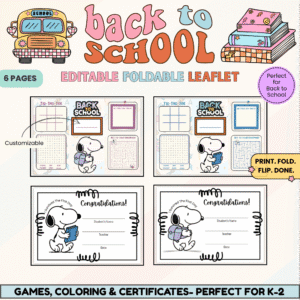 Snoopy-themed back to school printable pack with foldable activity pages and first day certificates for kids in grades K–2.