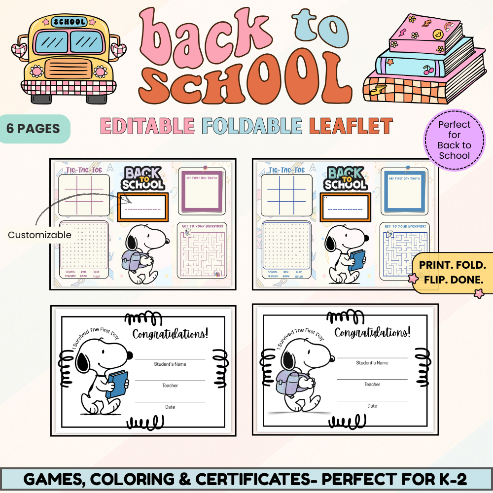 Snoopy-themed back to school printable pack with foldable activity pages and first day certificates for kids in grades K–2.