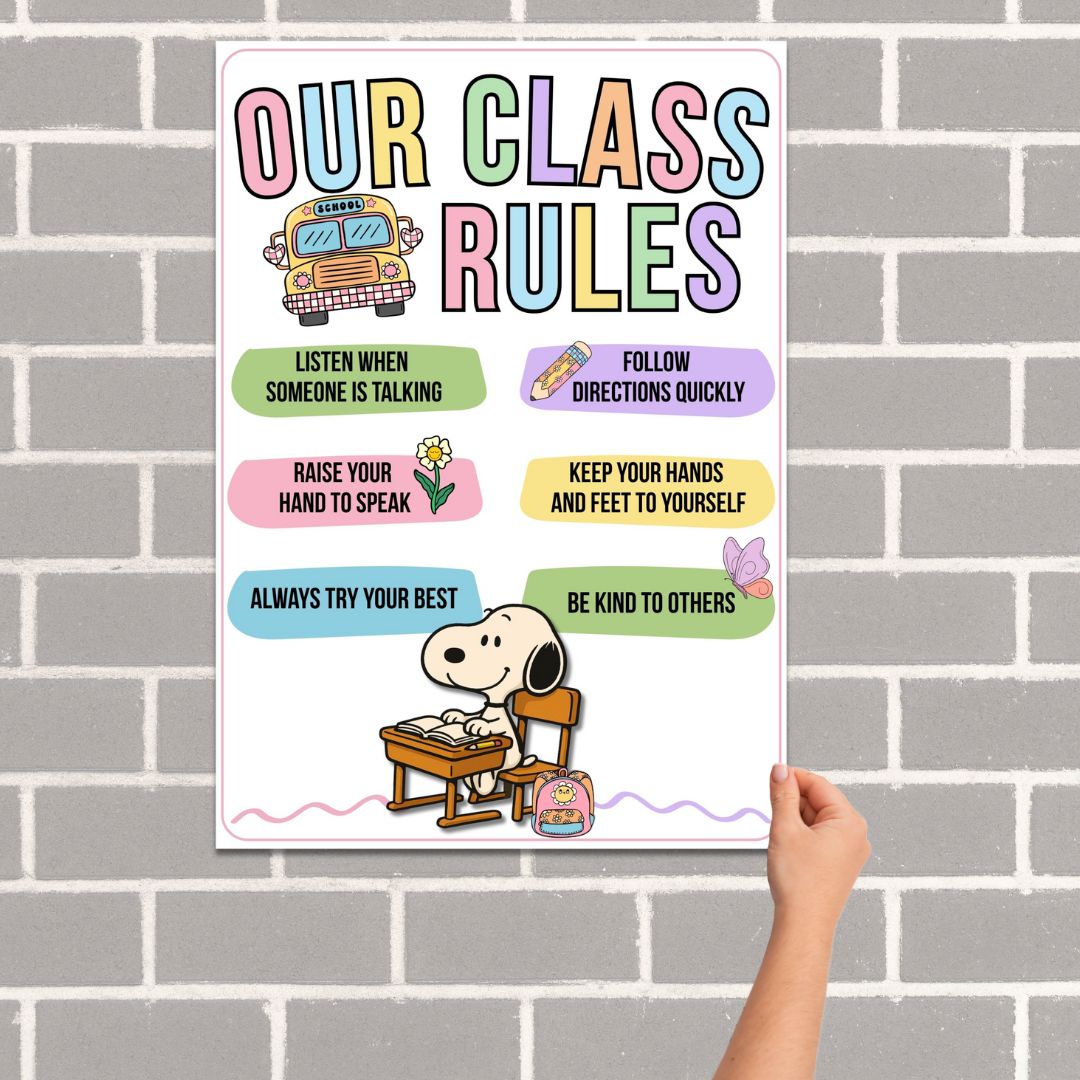 Snoopy classroom rules poster in pastel colors featuring 6 simple class expectations for K–2 students, with matching white background versions for easy printing.